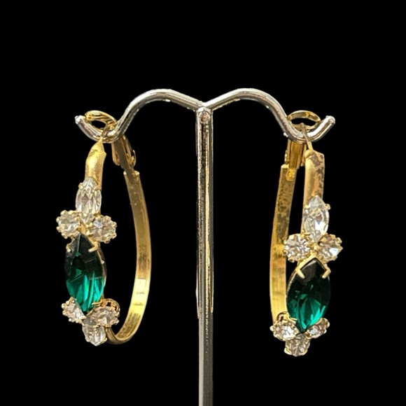 Fashion Earrings Jewelry - Hypoallergenic Gold Emerald Green Jewel Multi-Diamond Oval Hoop Earrings